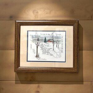 Vintage 1989 Framed Cross Stitch Sampler – Winter Scene with Red House, Rabbit,